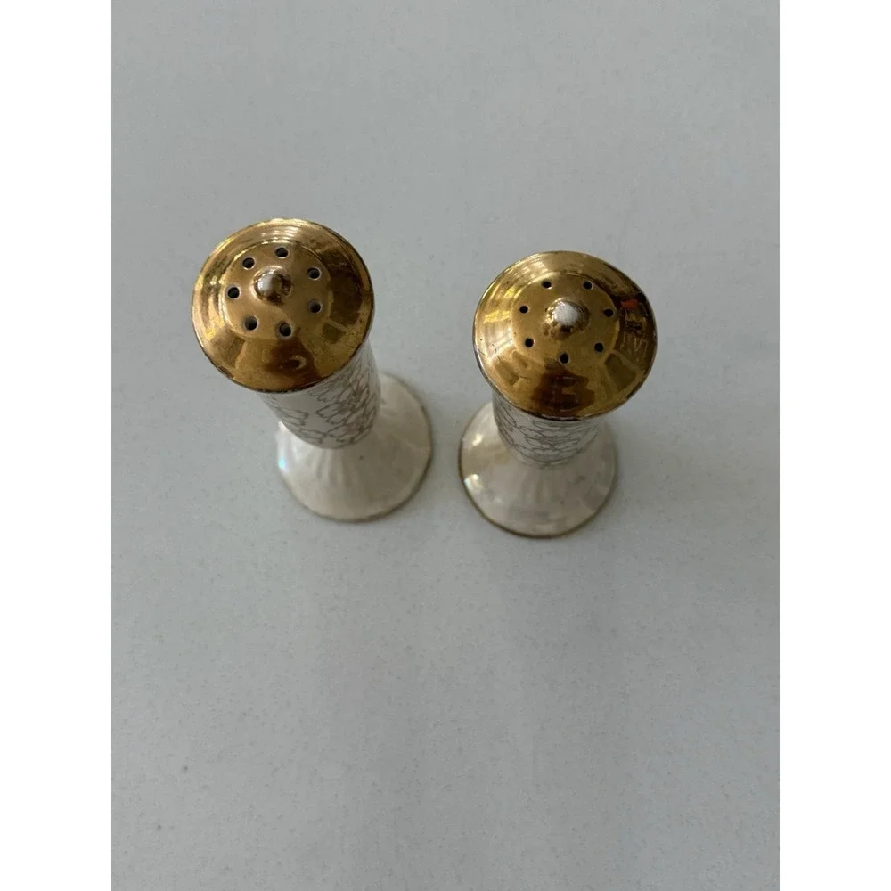 Vintage Iridescent Salt & Pepper Shakers Gold Cream Floral With‎ Stoppers